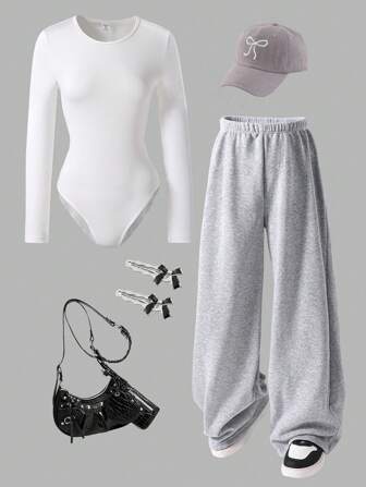 SHEIN Sweetra Young 2 pièces Ensemble de haut à manches longues ajusté avec ornement de nœud 3D élégant polyvalent pour adolescentes et pantalon large à taille avec nœud imprimé, convient pour les sorties, l'automne et le printemps