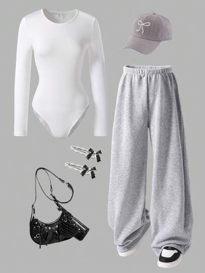 Sparklyn 2pcs Teen Girls All-Match Versatile Elegant 3D Bow Trim Fitted Long Sleeve Top And Waistband Bow Printed Wide Leg Pants Outfit Set, Suitable For Outings, Autumn And Spring