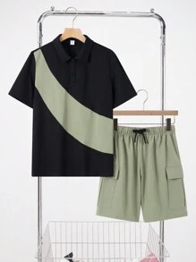 SHEIN 青少年男孩拼色 Polo 衫、工装口袋工装短裤、休闲校园舒适时尚简约百搭柔软舒适，适合日常穿着、上学、旅行、运动等 - 彩色 - 查看 2