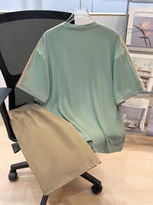 SHEIN Leap Crew 2pcs Set Teen Boy's Letter Graphic Tee & Drawstring Waist Shorts Set;Spring Wear; Teen Boys' Clothing; Teen Boy' Jackets, Spring Back To School - Multicolor - View 2