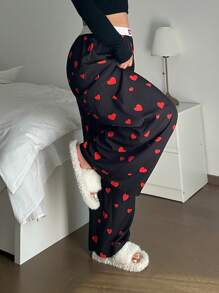 POPSWAY Plus Size Dames Losse Casual Wijde Broek Met Letterprint & Hartontwerp, Valentijn
