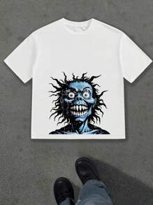 Manfinity EMRG Camiseta de manga corta casual y versátil con cuello redondo, estampado de letras de estilo grunge y gráfico de dibujos animados, para rapero - Blanco - Ver 4