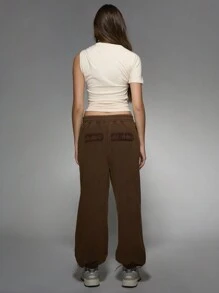 MISSGUIDED 运动超大运动裤慢跑裤宽松抽绳冬季秋季休闲运动都市街头服饰家居服舒适厚羊毛卷边 - 棕色 - 查看 2