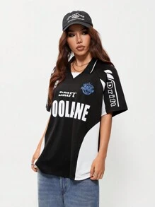 Coolane Casual Sports Colorblock Letter Print Polo Tee - Black - View 4