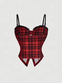 SHEIN MOD 红色蕾丝边收腰蝴蝶结格子短款吊带背心，除夕夜，新年上衣，上衣，派对女士，节日上衣，新年女士上衣 - 彩色 - 查看 2