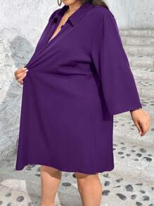 SHEIN CURVE+ CURVE PLUS Plus Size Women Purple Autumn Casual Lougewear Long Sleeve Shirt Collar Dress,Autumn Outfits For Women - Purple - View 9
