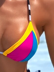 SHEIN Swim Summer Women's Contrast Color Patchwork Bikini Set - Multicolor - View 3