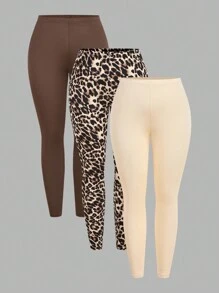 Slaydiva Set de 3 leggings casuales y simples de talla grande para mujer con estampado sólido y de leopardo, adecuados para el verano