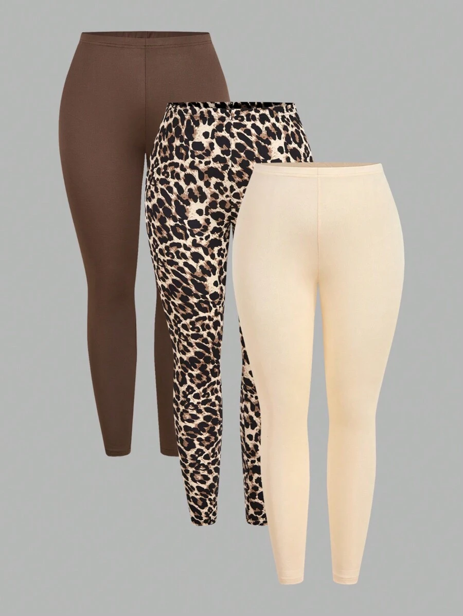 Slaydiva Set de 3 leggings casuales y simples de talla grande para mujer con estampado sólido y de leopardo, adecuados para el verano