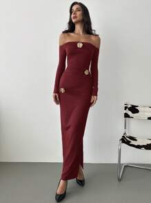 Firerie Women's Elegant, Exquisite, Fashionable And Romantic Off Shoulder Metal Flower Decorated Ruffle Bodycon Bell Sleeve Dress Wedding Guest Dress Modest Maxi Dress Evening Modest Gown / Luxury Embroidery Dress - Burgundy - View 7