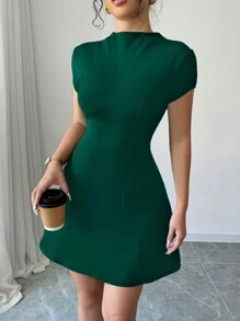 Selianne 女士立领短袖纯色迷你时尚连衣裙 - 墨綠色 - 查看 4