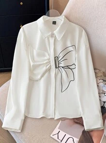 SHEIN Clasi 女士纯白色 3D 蝴蝶结装饰优雅休闲衬衫 - 白色 - 查看 1