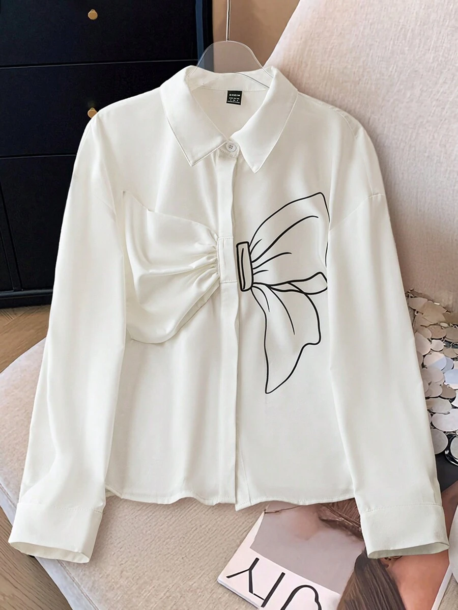 SHEIN Clasi 女士纯白色 3D 蝴蝶结装饰优雅休闲衬衫 - 白色 - 查看 1