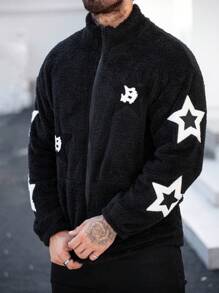 Manfinity Homme Men's Casual Star Applique Fleece Jacket, Autumn/Winter - Black - View 4