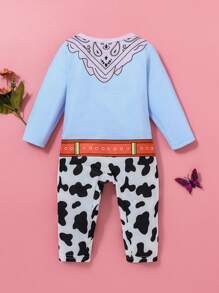 SHEIN Baby Girls Casual Cute Cowboy Print Romper, Soft & Comfortable Knit Fabric Suitable For Daily Wear, Birthday Party, Photo Shoot, Outing, Home Leisure
