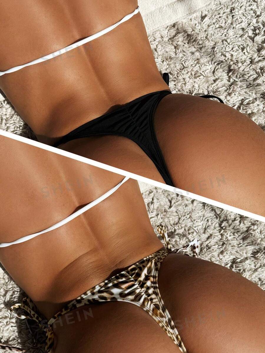 Set de 2 piezas de bikini de mujer para verano con partes inferiores de estampado sólido y estampado de leopardo aleatorio con lazos a los lados - Multicolor - Ver 1