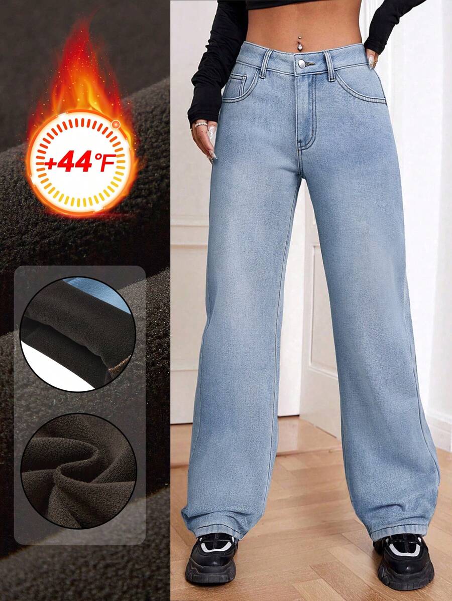 SHEIN EZwear 女式宽松版型保暖内衬直筒牛仔裤，带口袋 - 藍色 - 查看 1