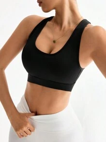 Easithlete Women's Solid Color Criss-Cross Back Everyday Sports Bra - Black - View 6
