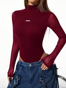 Coolane 女士音乐节演唱会透气网眼弹力紧身衣 - 酒紅色 - 查看 3