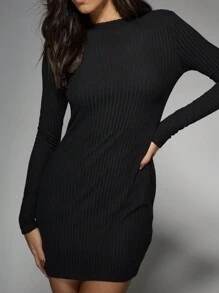 MISSGUIDED 船领罗纹长袖修身紧身迷你连衣裙 - 黑色 - 查看 5