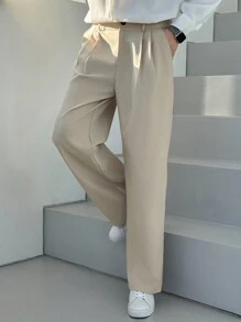 DAZY 男士褶皱口袋直筒纯色休闲西装裤，秋季服装 - 卡其色 - 查看 6