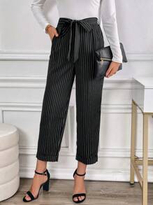 EMERY ROSE Women Casual Striped Tapered Suit Pants For Commuting - Black - View 1