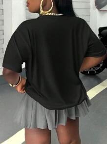 INAWLY Plus Size Funny Portrait Contrast Color Round Neck Women T-Shirt Graphic Tees Women Tops, For Summer - Black - View 2