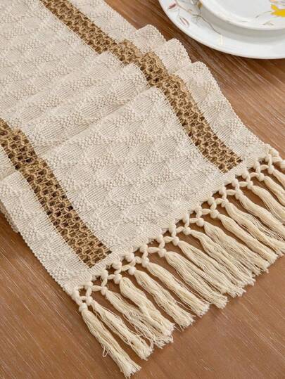 1 pieza Camino de mesa para sala de estar, camino de mesa de lino calado, decoraciones de mesa beige para fiesta de cumpleaños, cena, decoración de otoño, decoración de otoño, decoración de habitación