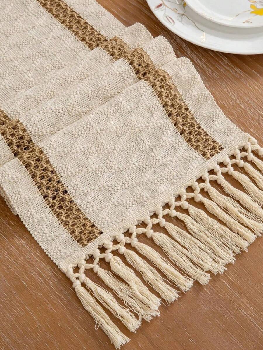 1pc Living Room Table Runner, Linen Hollow Table Runner, Beige, Suitable For Birthday Party Dinner, Autumn Decoration, Room Decoration - Beige - View 1