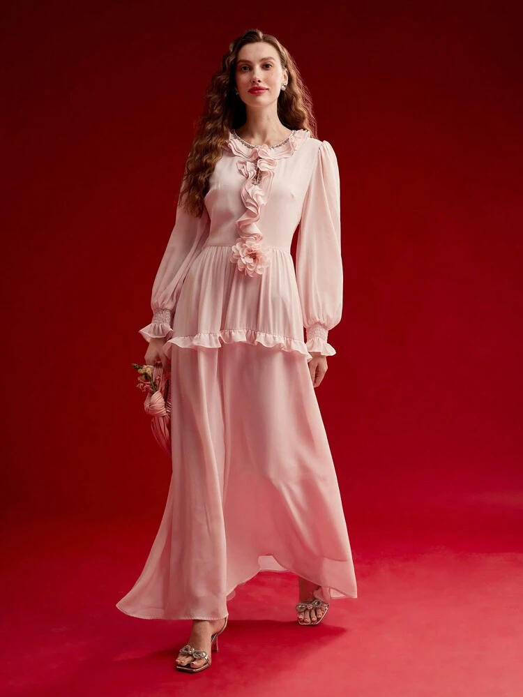 RUFFLE TRIM LANTERN SLEEVE FLOWY DRESS,VALENTINE'S DAY OUTFIT,SPRING/SUMMER