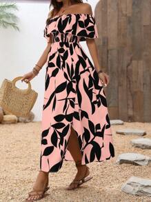 Breezaya 露肩高开叉简约休闲连衣裙，时尚日常穿着 - 彩色 - 查看 3