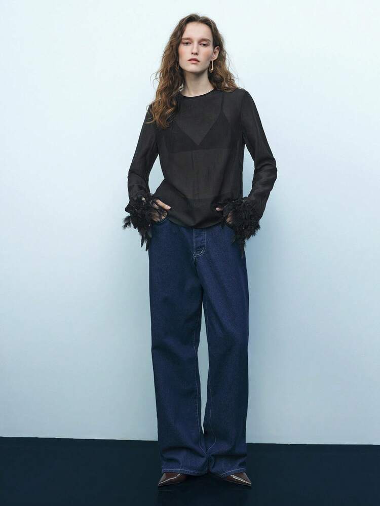 SHEIN Maija Women's Black Round Neck Long Sleeve T-Shirt With Fuzzy Trim Decor, Textured Semi-Sheer Relaxed Fit Elegant Sexy Fashion Versatile Top For All Seasons