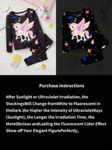 2 件女孩少女独角兽、星星、云朵印花长袖上衣和紧身裤紧身睡衣套装