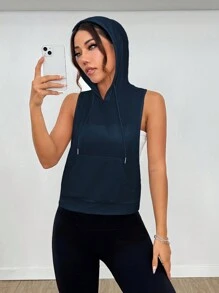 女式无袖连帽衫，背部印花设计，运动运动衫 - 藏蓝色 - 查看 3