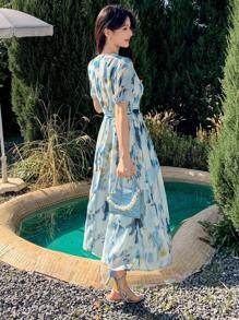 DAZY Women's Elegant Tie Dye Puffy Sleeve Mid-Length Dress Floral Summer