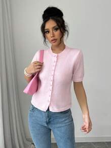 Gloray Nueva llegada Suéter holgado y sencillo de punto con botones para mujer, suéter de manga corta en color rosa para otoño/invierno