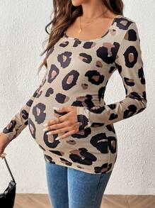 SHEIN Leopard Print Scoop Neck Long Sleeve Casual Maternity T-Shirt, Autumn