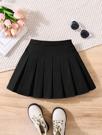 Young Girl Sweet  Solid Color Pleated Woven Casual Mini Skirt,Suitable For Daily Wear,Cute Campus, Suitable For Autumn And Winter, Daily Wear School Daily,   Sisters Matching,