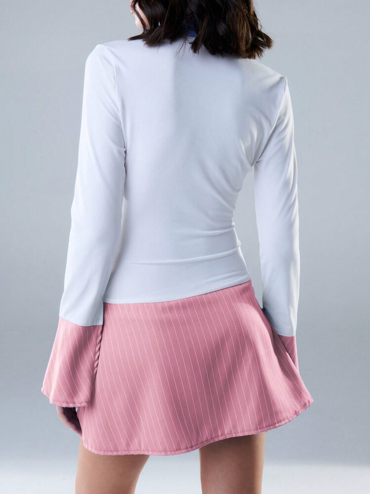 SHEIN Unity Váy sơ mi tay dài họa tiết sọc khối màu ghép nối quá khổ, trang phục ngày lễ tình nhân - Hồng - Xem 2