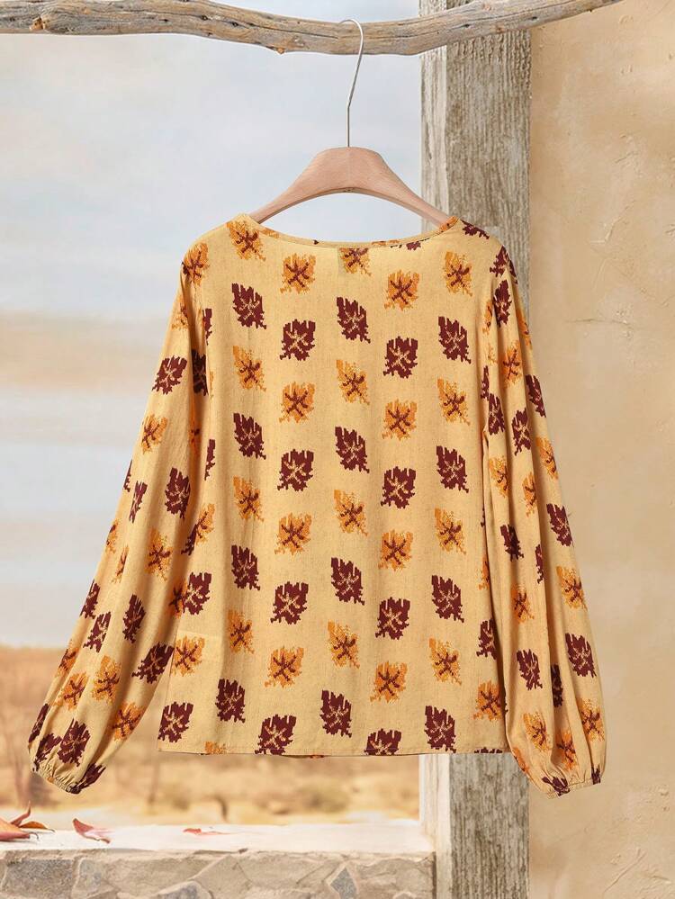 Casual Autumn Leaf Print Lantern Sleeve Shirt