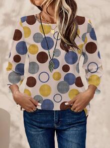 EMERY ROSE 女式优雅复古圆形图案圆领 3/4 袖衬衫 - 彩色 - 查看 5