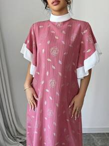 Modelyn Damen Blume Muster Kontrast Farbe Stehkragen Volant Kurzarm Locker Lang Kleid - Pink - Übersicht 5