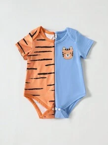 2件套男婴卡通动物老虎印花口袋装饰撞色连体衣，适合日常休闲穿着或外出活动 - 彩色 - 查看 3