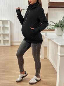 SHEIN 五合一孕妇针织连帽袋鼠袋冬季夹克 - 黑色 - 查看 6