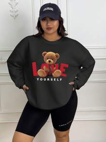 INAWLY Plus Bear & Letter Graphic Drop Shoulder Sweatshirt, For Winter Graduation,Back To School,Graduation,Teacher For Women,Back To School Pullover Fall Autumn - Black - View 4