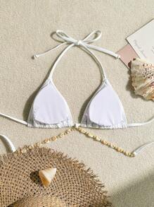 SHEIN Swim Women's Summer Beach Simple Shell Detail Halter Neck Top - White - View 4