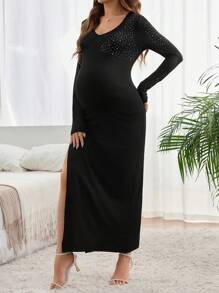 SHEIN Black Slim Maxi Pregnant Woman Dress With Rhinestone Design And Side Slit, Elegant - Black - View 5