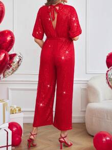 SHEIN Maternity Sequin Elegant Loose Sequin Jumpsuit - Red - View 2