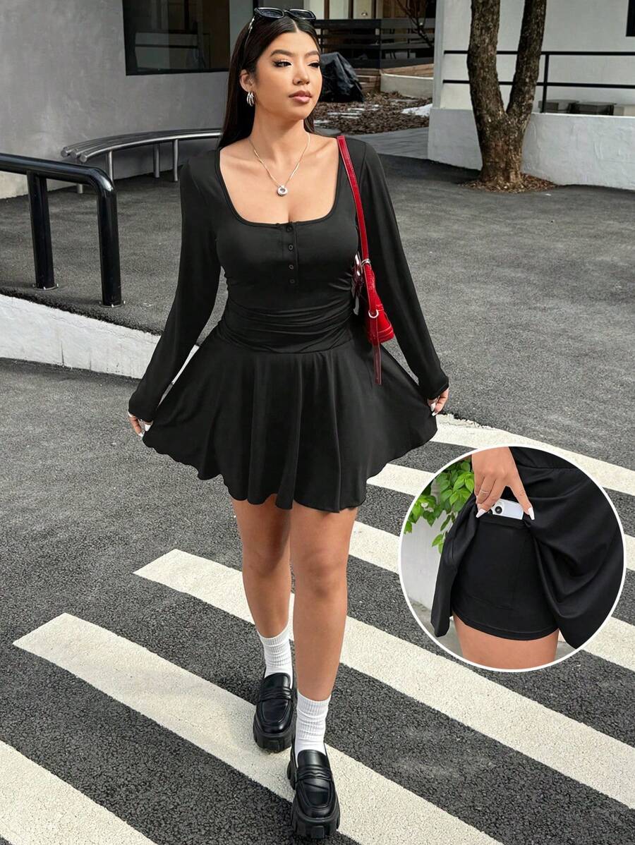SHEIN EZwear Große Größen Loose Fit Schwarzer Langarm Jumpsuit - Schwarz - Übersicht 1