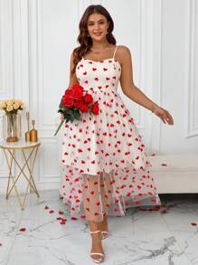 SHEIN Clasi Plus Size Valentine's Day Heart Net Mesh A-Line Casual Slip Dress - White - View 6